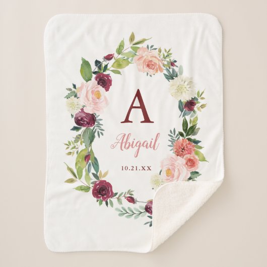 Custom Boho Floral Wreath Burgundy Sherpa Blanket Sherpadecke (Vorderseite)