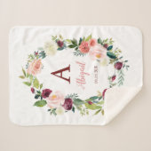 Custom Boho Floral Wreath Burgundy Sherpa Blanket Sherpadecke (Vorderseite (Horizontal))