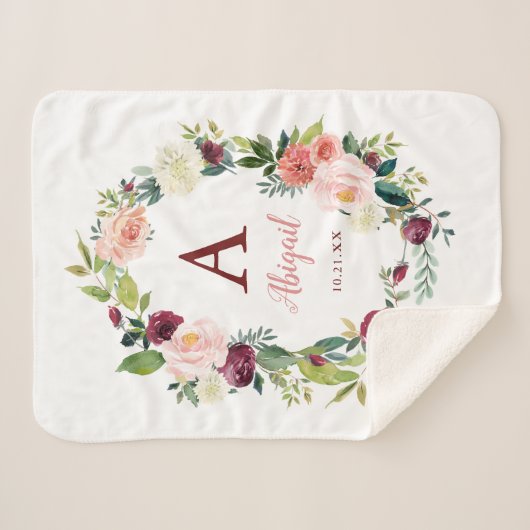 Custom Boho Floral Wreath Burgundy Sherpa Blanket Sherpadecke (Vorderseite (Horizontal))