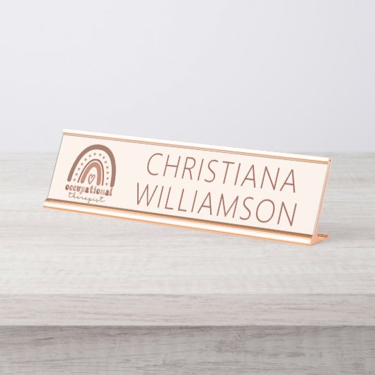 Custom Boho Rainbow OT Berufs-Therapeut Schreibtischnamensplakette (Vorderseite )