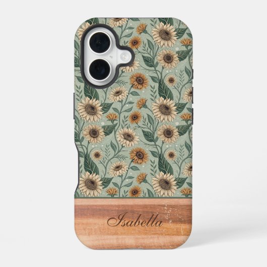 Custom Boho Sunflowers Wood Effect iPhone 16 Hülle (Rückseite)