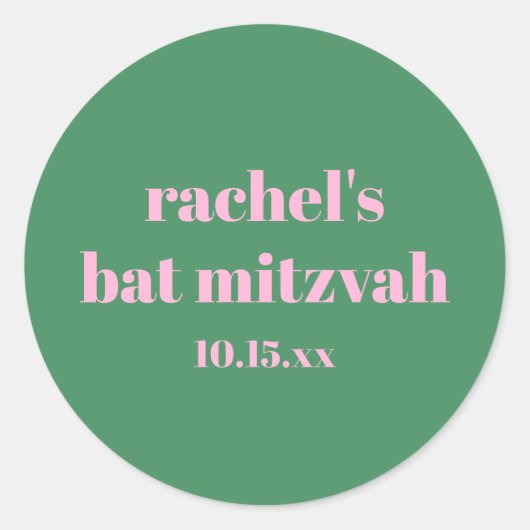 Custom Bold Pink Green Cute  Modern Bat Mitzvah Runder Aufkleber (Vorderseite)