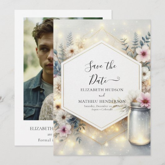 Custom Botanical Mason Jar Wedding Save The Date (Vorne/Hinten)