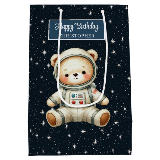 Custom Boy Geschenktasche mit Teddy Astronaut Them Mittlere Geschenktüte (Rückseite)
