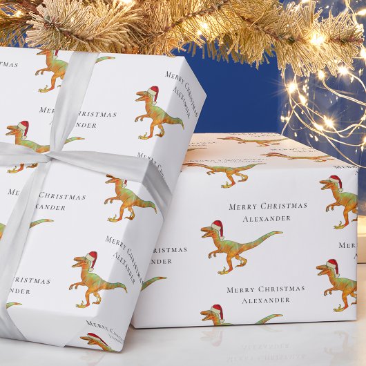 Custom Boy Name Christmas Dinosaur Velociraptor Geschenkpapier
