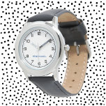 Custom Boy Name Steel Black Leather Strap Kids Armbanduhr<br><div class="desc">Eigener Name des Jungen aus rostfreiem Stahl,  schwarzer Lederband Kinder beobachten</div>