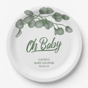 Custom Branded Greenery Oh Baby   Babydusche Pappteller