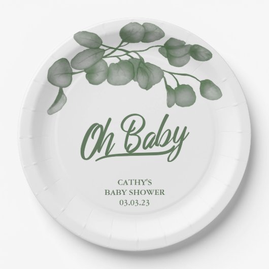 Custom Branded Greenery Oh Baby | Babydusche Pappteller (Vorderseite)