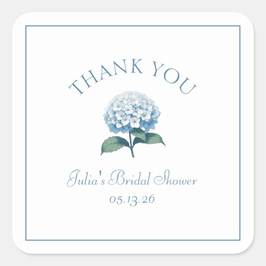 Custom Brautparty Blue Hydrangea Vielen Dank Quadratischer Aufkleber (Vorderseite)