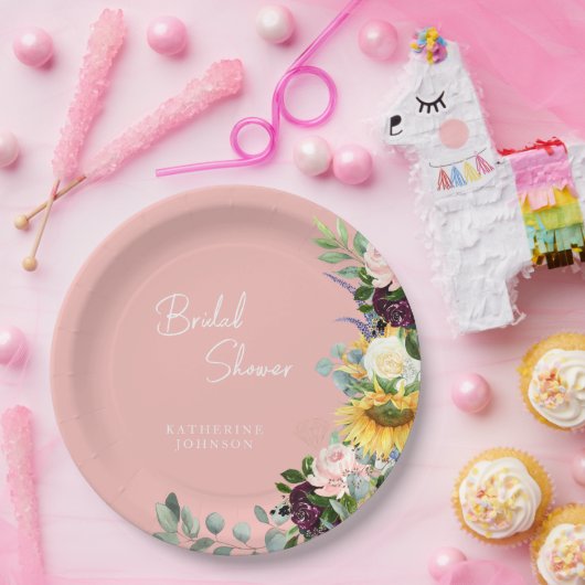 Custom Brautparty Blush Bloral Sunflower Pappteller (Party)