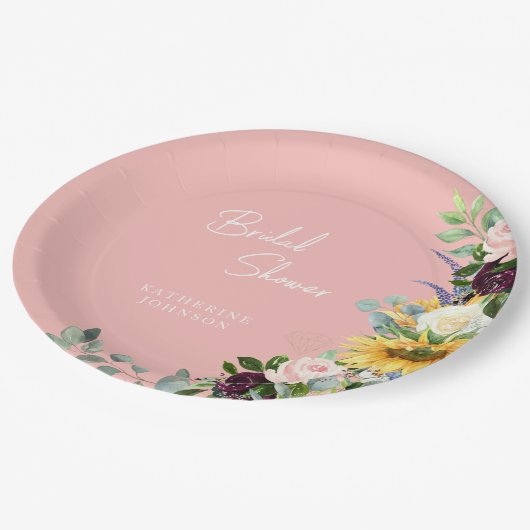 Custom Brautparty Blush Bloral Sunflower Pappteller (Schrägansicht)