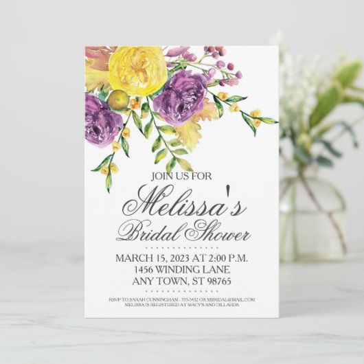 Custom Brautparty Einladung, Lila und gelb Einladung (Stehend Vorderseite)