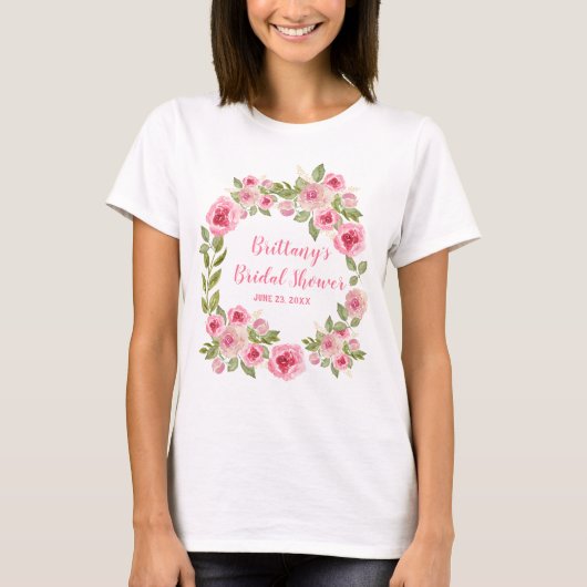 Custom Brautparty Wild Pink Roses Grüne T-Shirt (Vorderseite)