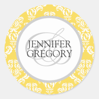 Custom Bride Groom Names Yellow Damask Wedding Runder Aufkleber