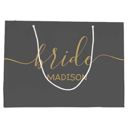 Custom Bride Name Girly Chic Gold Script grau Große Geschenktüte (Rückseite)