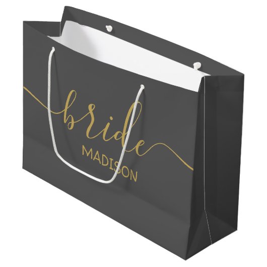 Custom Bride Name Girly Chic Gold Script grau Große Geschenktüte (Vorderseite Schrägansicht)