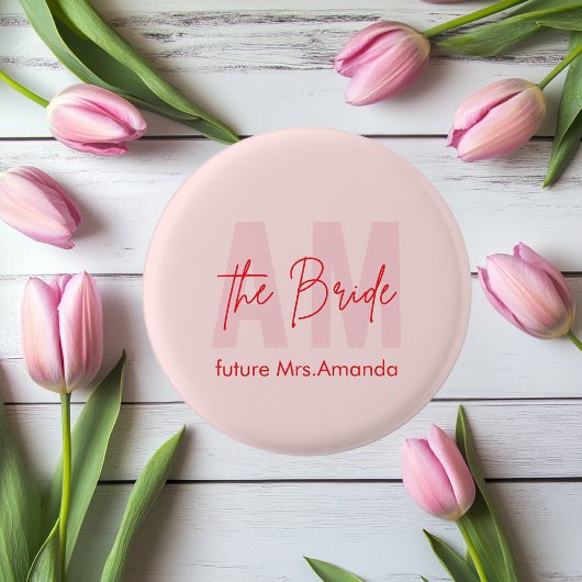 Custom Bride | Pink Monogram Future Mrs. Name Button