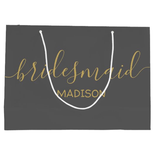 Custom Bridesmaid Name Girly Chic Gold Script Grau Große Geschenktüte (Rückseite)