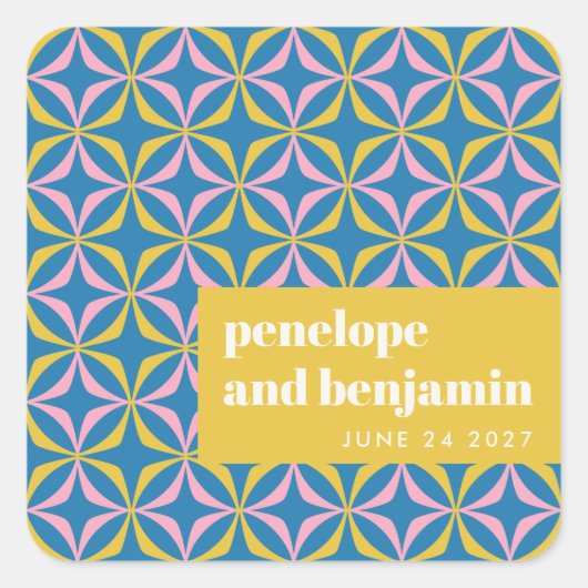 Custom Bright Blue Retro Typografy Wedding Quadratischer Aufkleber (Vorderseite)