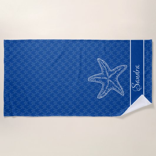 Custom Bright Blue White Chic Beach Haus Starfish Strandtuch (Vorderseite)