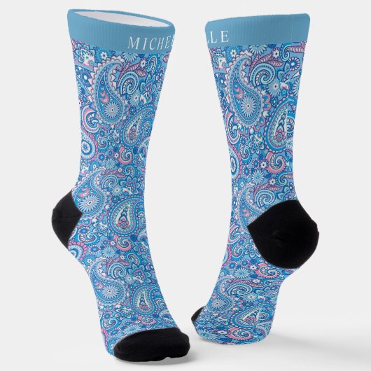 Custom Bright Blue White Pink Paisley Muster Socken (Gewinkelt)