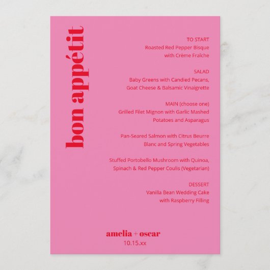 Custom Bright Bold Pink and Red Modern Wedding Menükarte (Vorderseite)