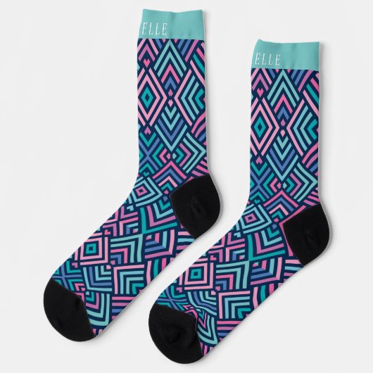 Custom Bright Light Dark Blue Pink Geometric Socken (Linkes Detail)