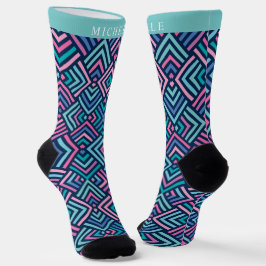 Custom Bright Light Dark Blue Pink Geometric Socken