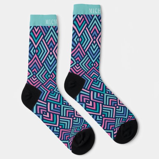 Custom Bright Light Dark Blue Pink Geometric Socken (Rechts)