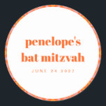 Custom Bright Orange Retro Typografie Bat Mitzvah Runder Aufkleber<br><div class="desc">Custom Bright Orange Retro Typografie Bat Mitzvah Name Classic Round Aufkleber</div>