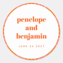 Custom Bright Orange Retro Typografy Wedding Name Runder Aufkleber