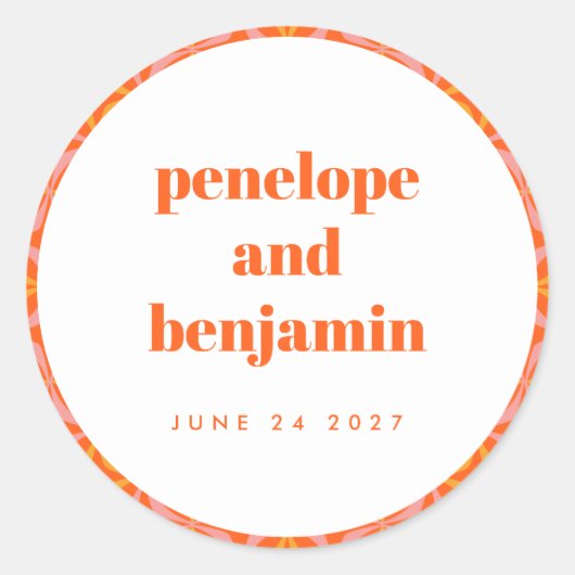 Custom Bright Orange Retro Typografy Wedding Name Runder Aufkleber (Vorderseite)