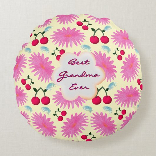 Custom Bright Pink Floral Cherry Pattern  Rundes Kissen (Vorderseite)