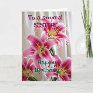 Custom Bright Pink Lilies Happy Birthday Sister Karte