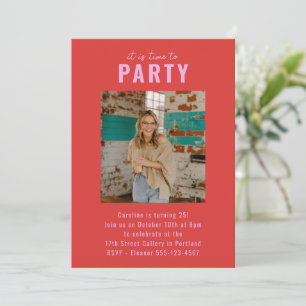 Custom Bright Red Pink Modernes Foto Geburtstagspa Einladung