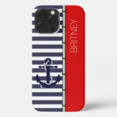 Custom Bright Red White Navy Dark Blue Strips iPhone Hülle (Rückseite)