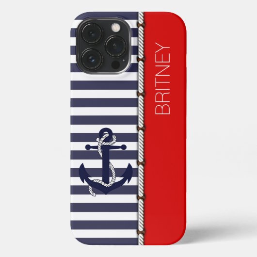 Custom Bright Red White Navy Dark Blue Strips iPhone Hülle (Rückseite)