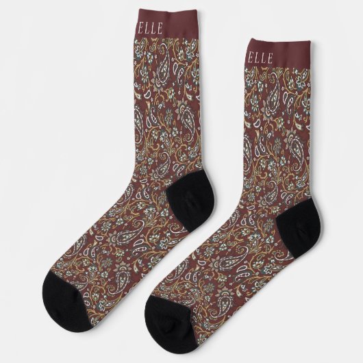 Custom Brown Grewn White Paisley Muster Socken (Linkes Detail)