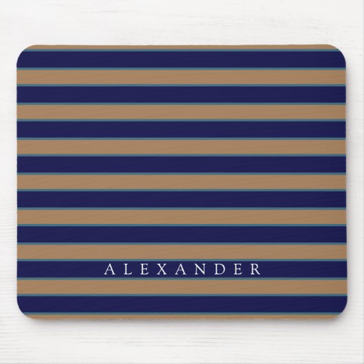 Custom Brown Navy Blue Strips Mit Monogramm Mousepad (Vorne)