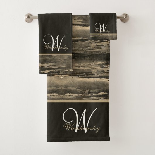 Custom Brown Watercolor Creme Elegant Mit Monogram Badhandtuch Set (Insitu)