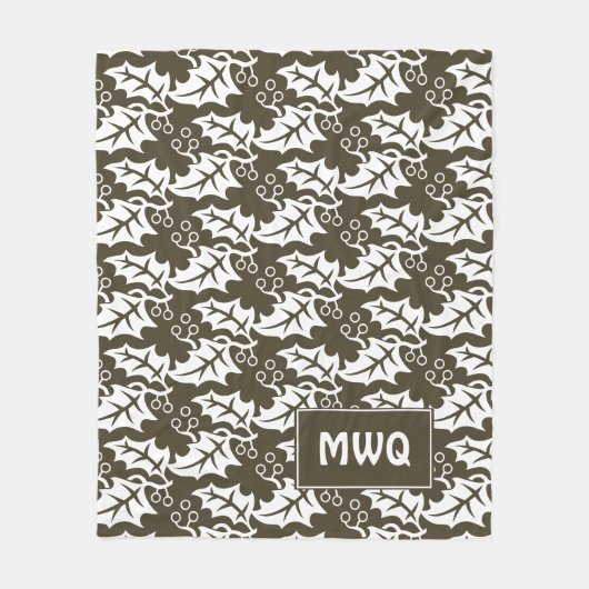 Custom Brown White MONOGRAM Holly Blätter Fleecedecke (Vorderseite)