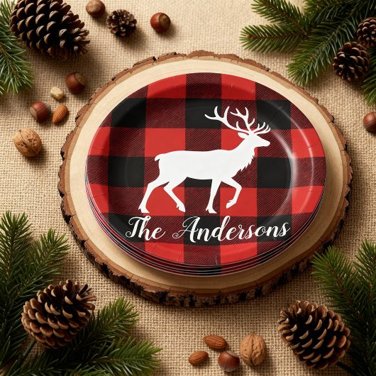 Custom Buffalo Plaid Deer Christmas Party Plates  Pappteller