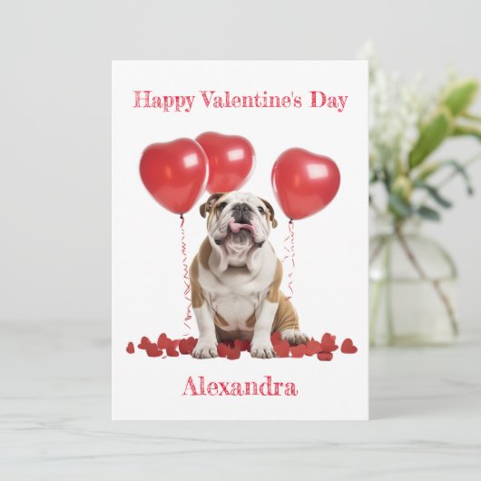Custom Bulldog Hearts Balloons Valentine Feiertagskarte (Stehend Vorderseite)