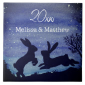 Custom Bunny Rabbit Blue Night Wedding Jubiläum Fliese (Vorderseite)