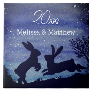 Custom Bunny Rabbit Blue Night Wedding Jubiläum Fliese