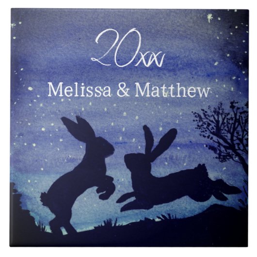 Custom Bunny Rabbit Blue Night Wedding Jubiläum Fliese (Vorderseite)