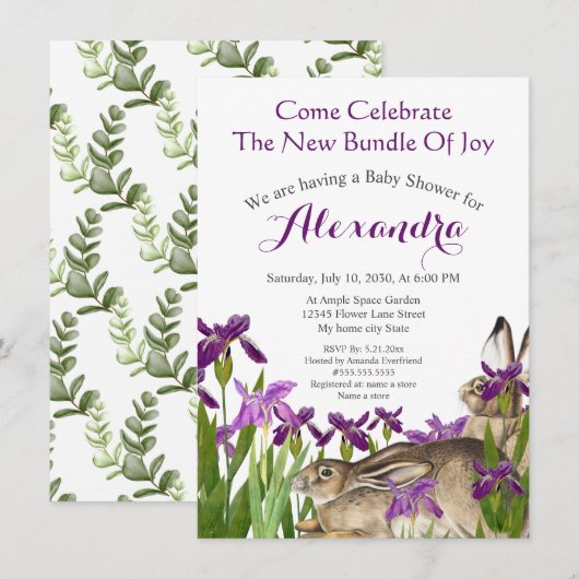 Custom Bunny Rabbit Lila Iris Floral Baby Dusche (Vorne/Hinten)