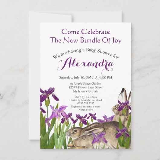 Custom Bunny Rabbit Lila Iris Floral Baby Dusche (Vorderseite)