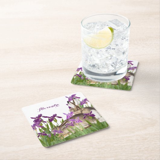 Custom Bunny Rabbit Lila Iris Floral Rechteckiger Pappuntersetzer (Vor Ort)