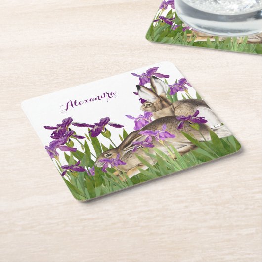 Custom Bunny Rabbit Lila Iris Floral Rechteckiger Pappuntersetzer (angewinkelt)